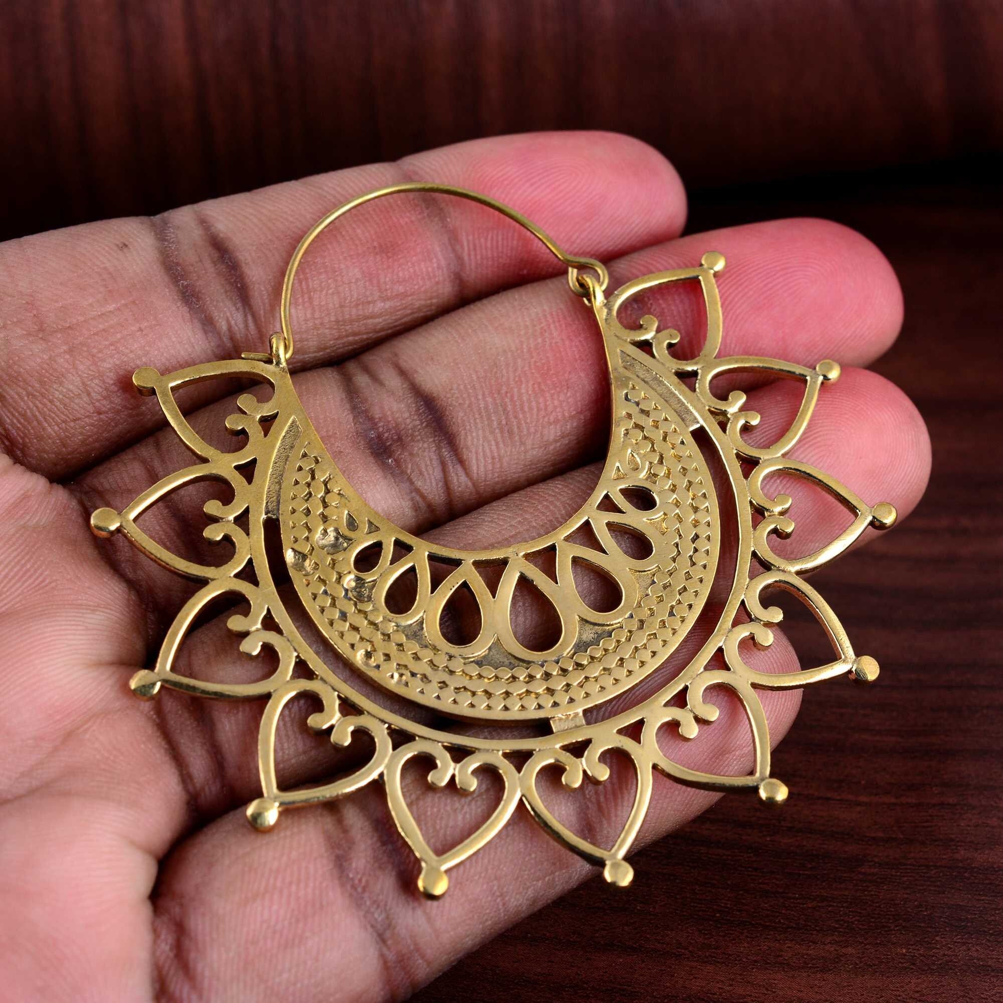 Pair of Big Ornate Brass Earrings, Antiqued Mandala Tribal Hoops, Flow –  Overgauged